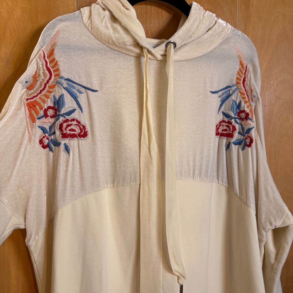Love Johnny Was Cream Embroidered‎ Birds Velvet Hoodie Sweatshirt Small - Picture 8 of 11